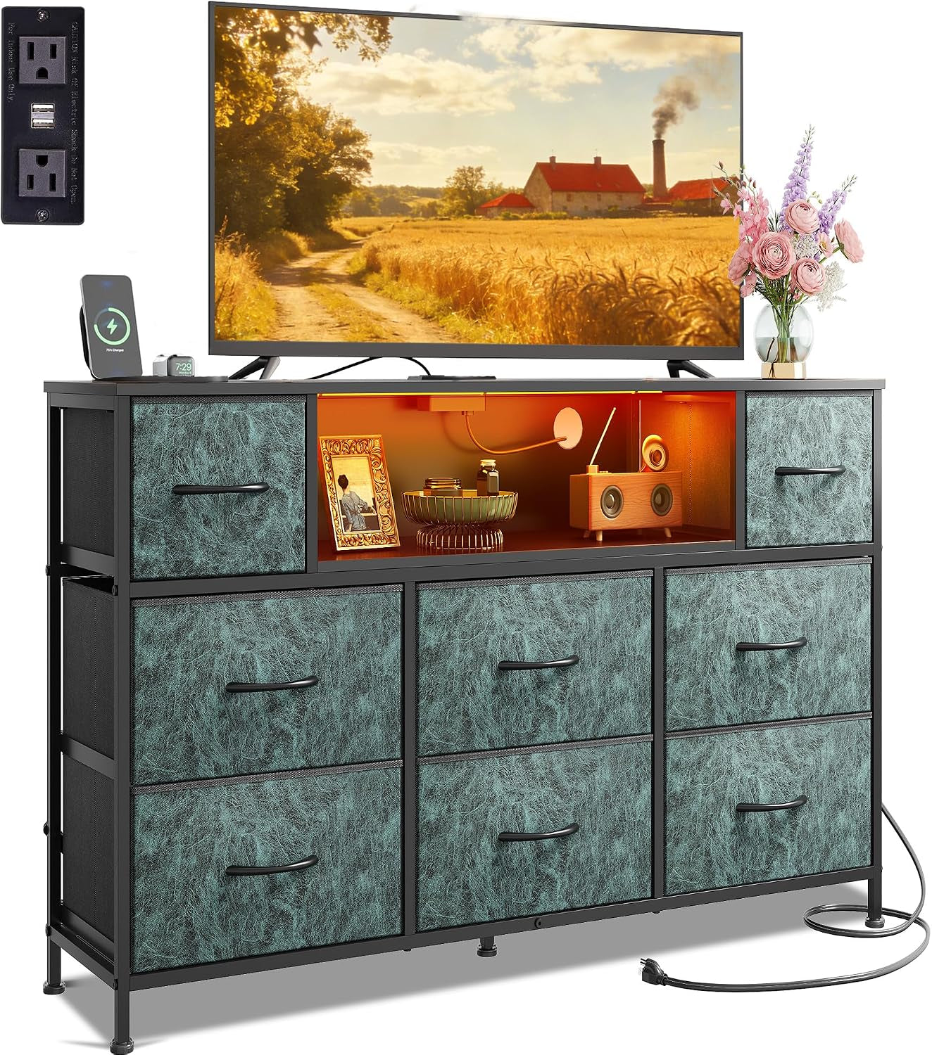 Front view of the same 8-drawer dresser with teal textured drawer fronts and glowing center shelf.