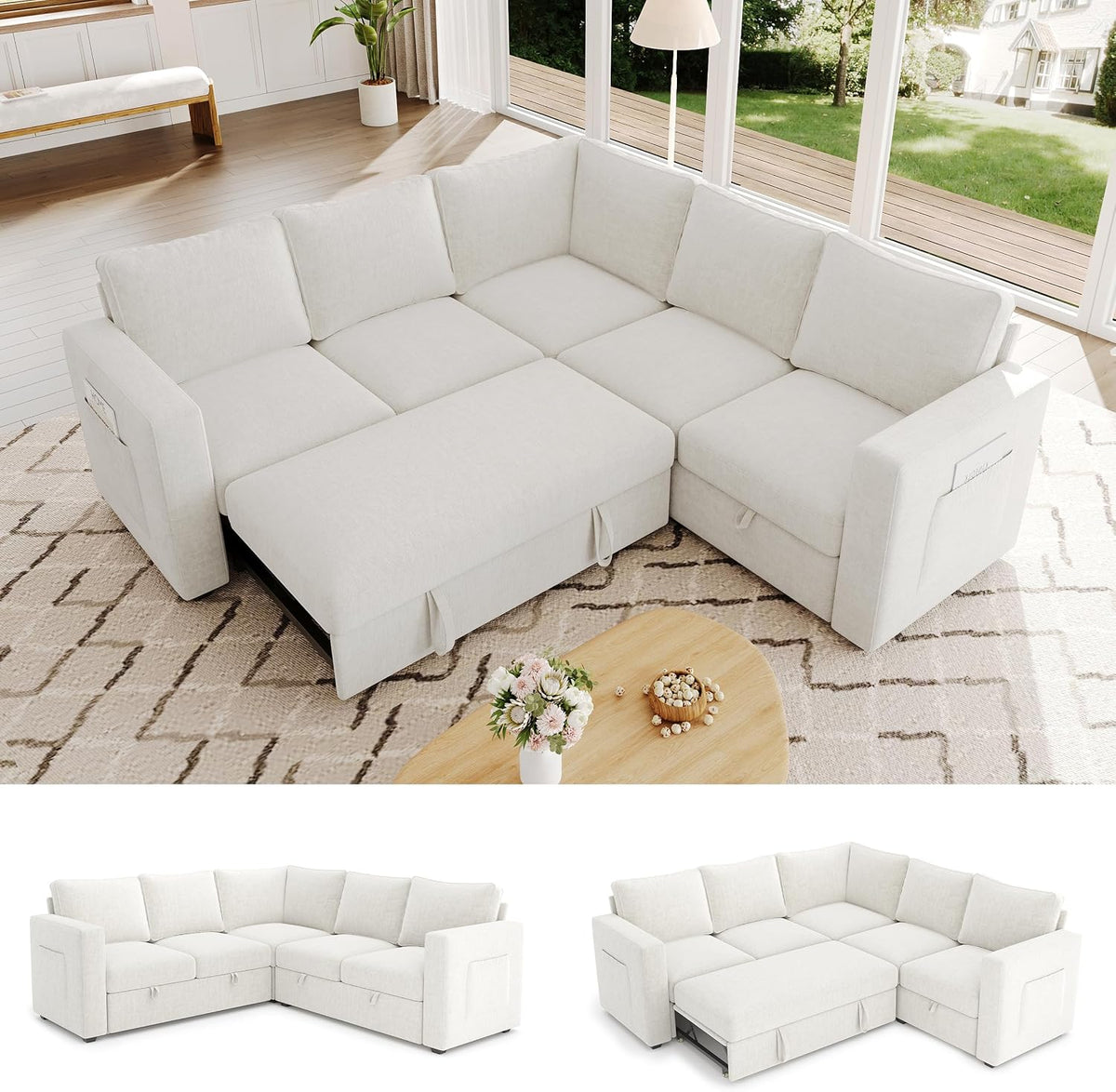 Top-down view of cream chenille sectional converted to sofa bed with extended pull-out section on patterned rug