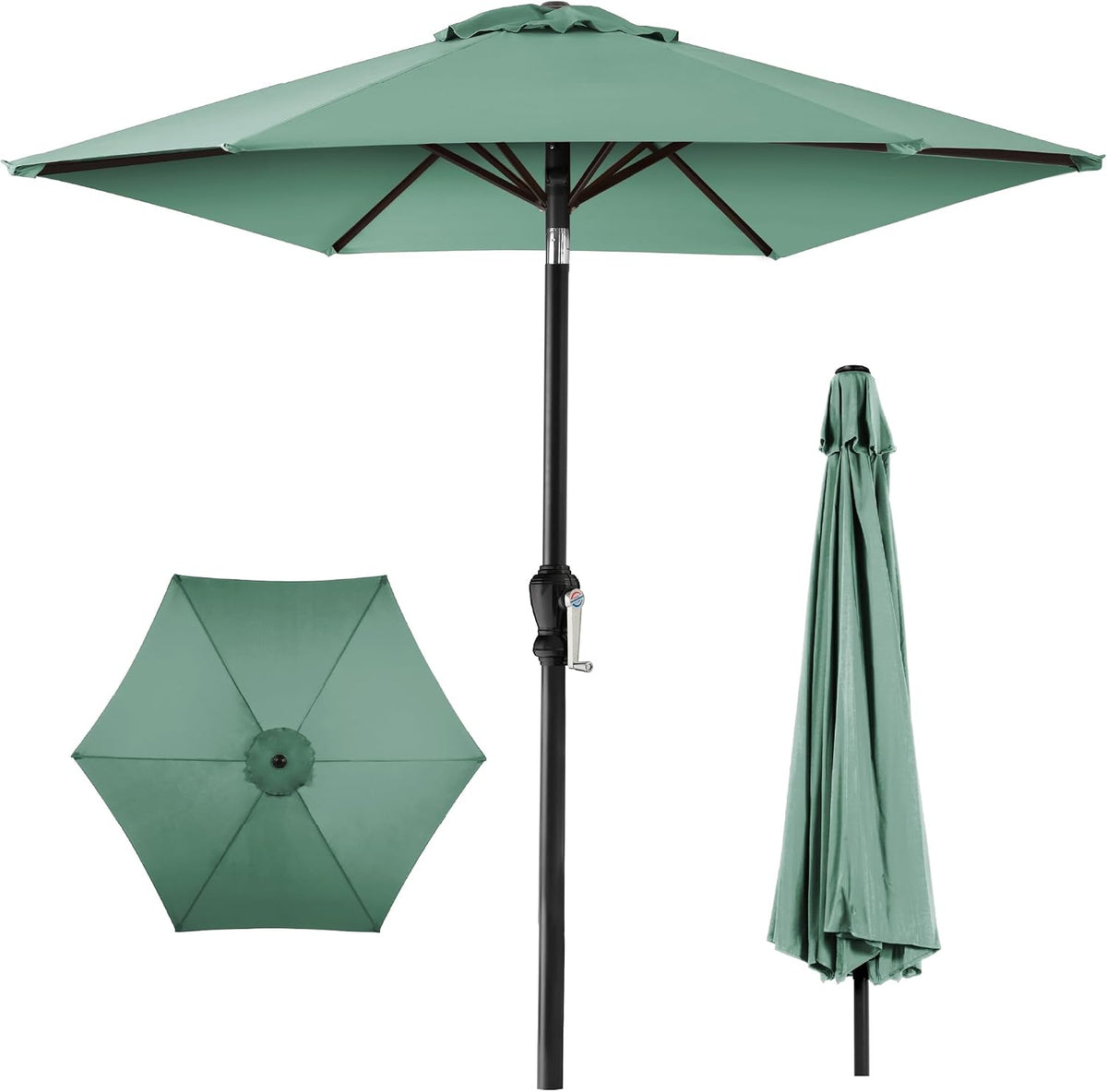 Three views of a green umbrella: hex top view, canopy open on a black pole with crank, and the umbrella folded on the pole.
