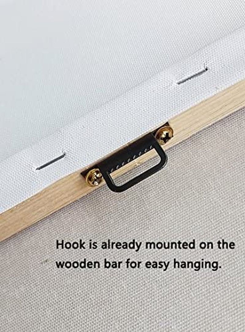 Close-up of canvas backside showing wooden stretcher frame, metal hanger pre-mounted on the frame and visible staples.