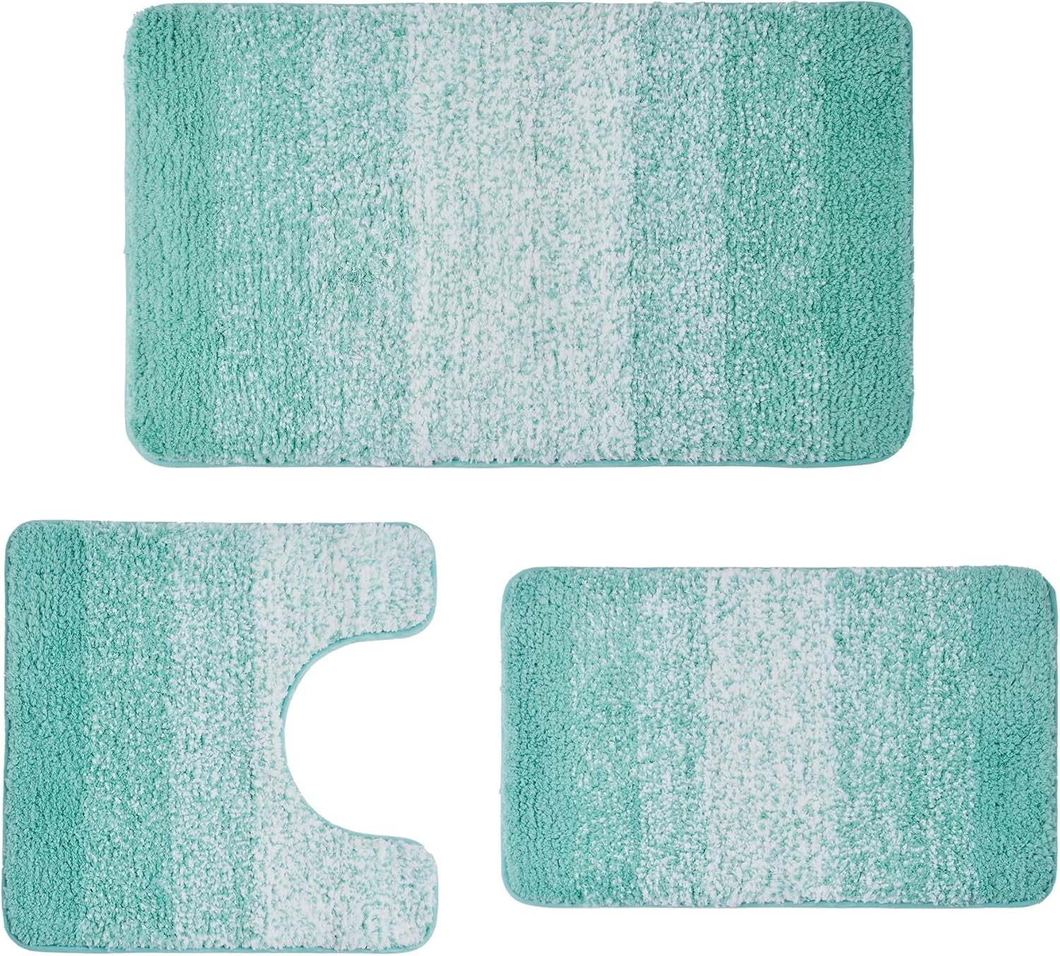 Top-down view of a three-piece mint green and white striped bath rug set arranged flat.