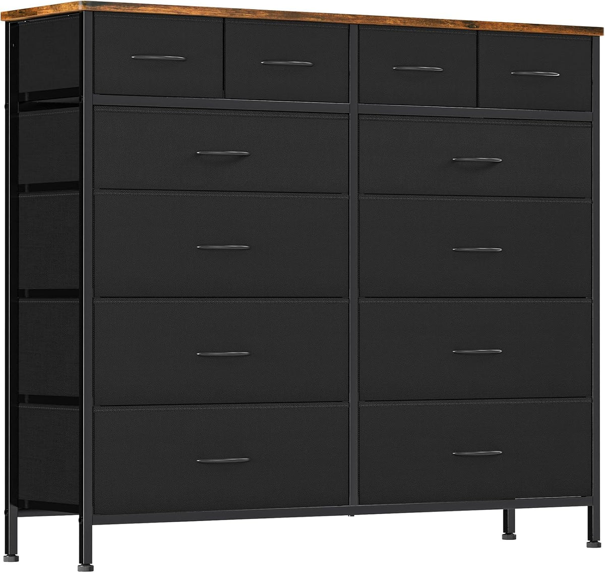 Angled side-front view of a black fabric-front tall dresser showing wood top, metal frame legs and side storage pockets.
