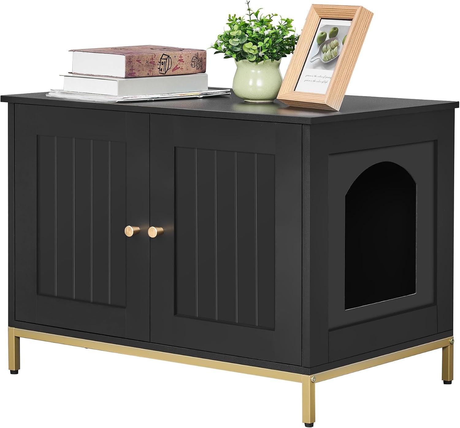 Black version of the litter box cabinet showing arched side entrance and gold legs with tabletop decor