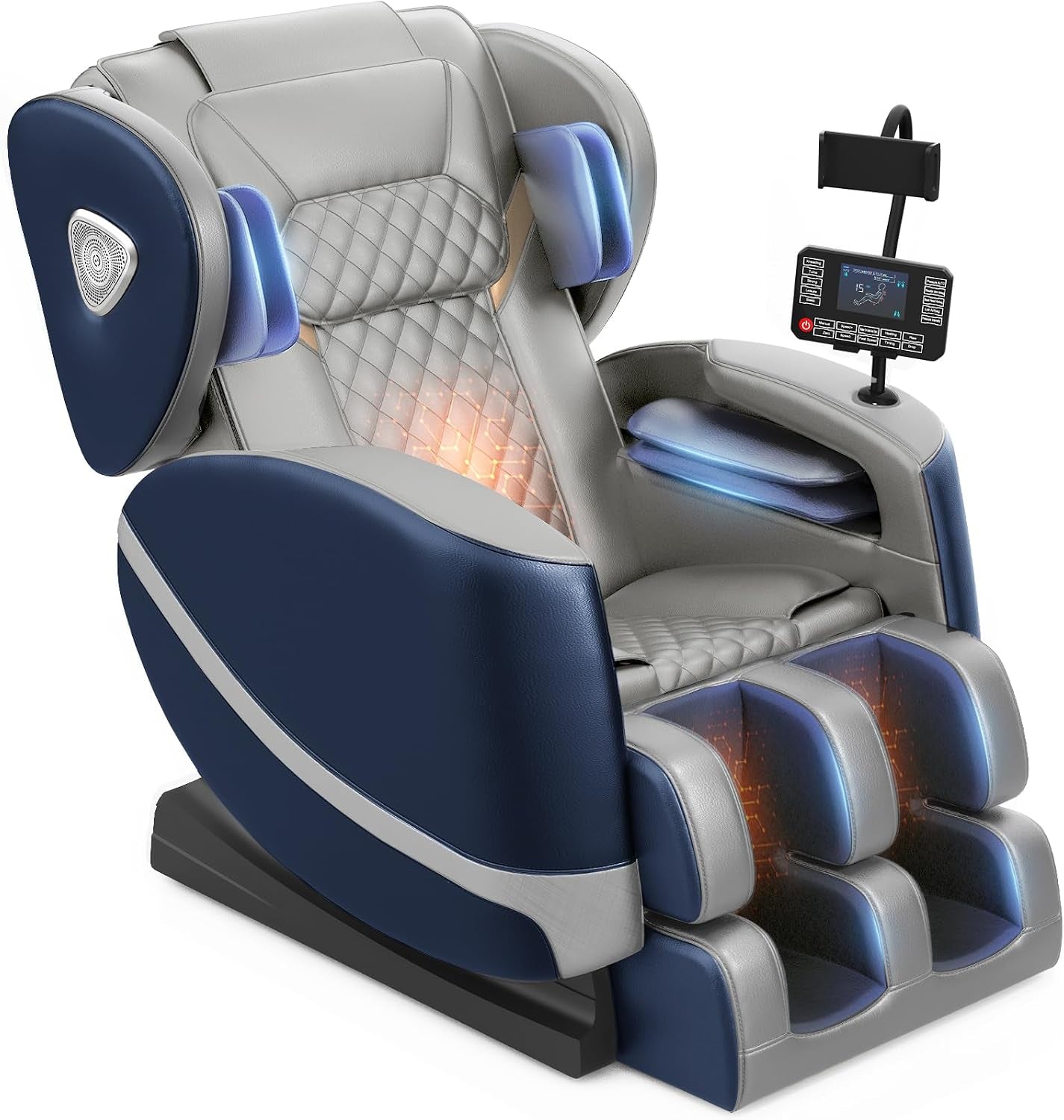 Studio render of the massage chair from a front-side angle with illuminated heating zones and control arm.