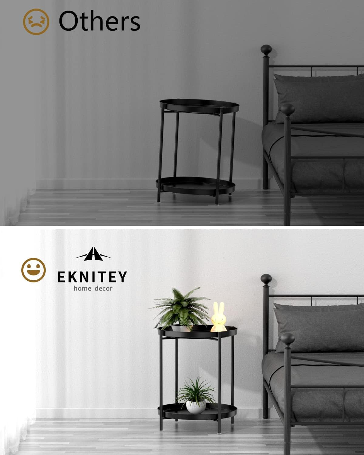 Split comparison showing the black two-tier table in a plain dim room (top) and in a brighter styled room with plants