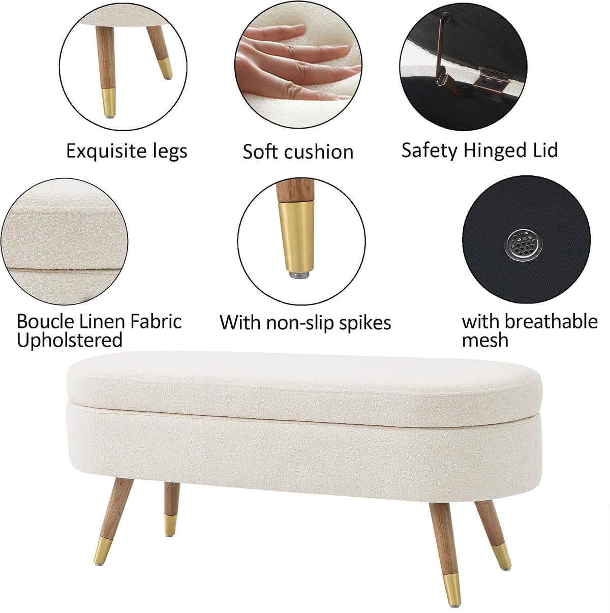 Closeup details showing fabric texture, wooden leg with gold tip, safety hinge and assembly icons for the bench
