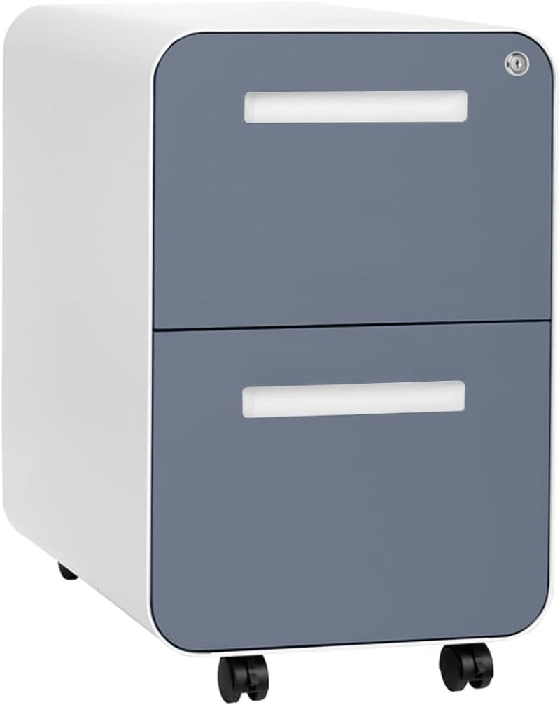Three-quarter view of the two-drawer mobile file cabinet with muted gray drawer fronts, white body, and caster wheels.