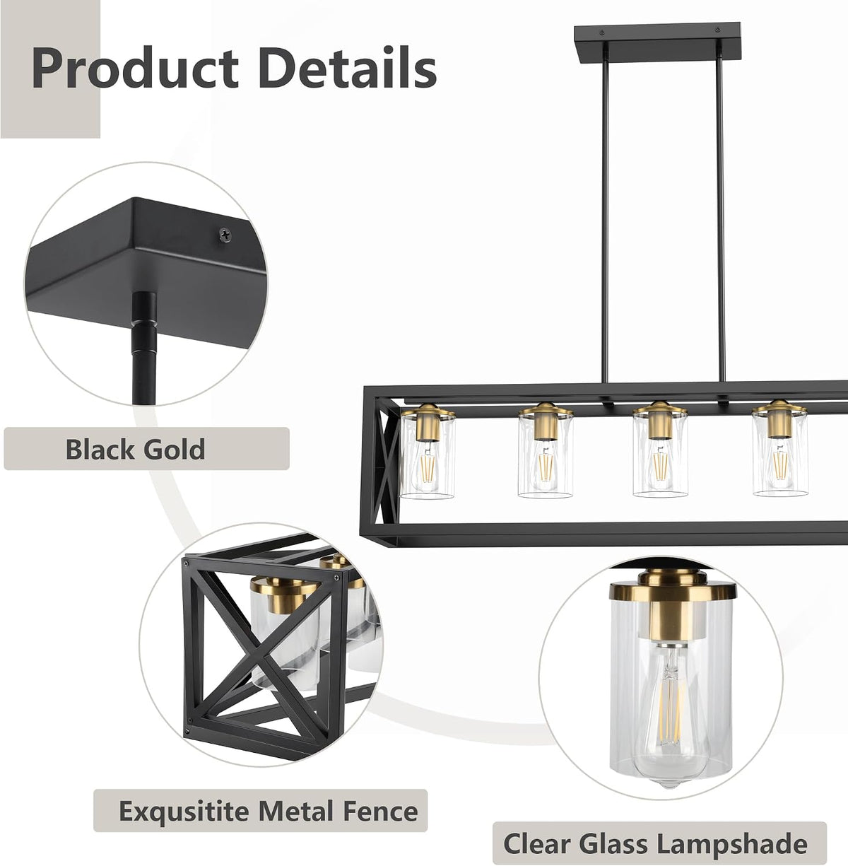 Close-up of black metal rectangular frame with X-brace ends, clear cylindrical glass shades and gold bulb holders