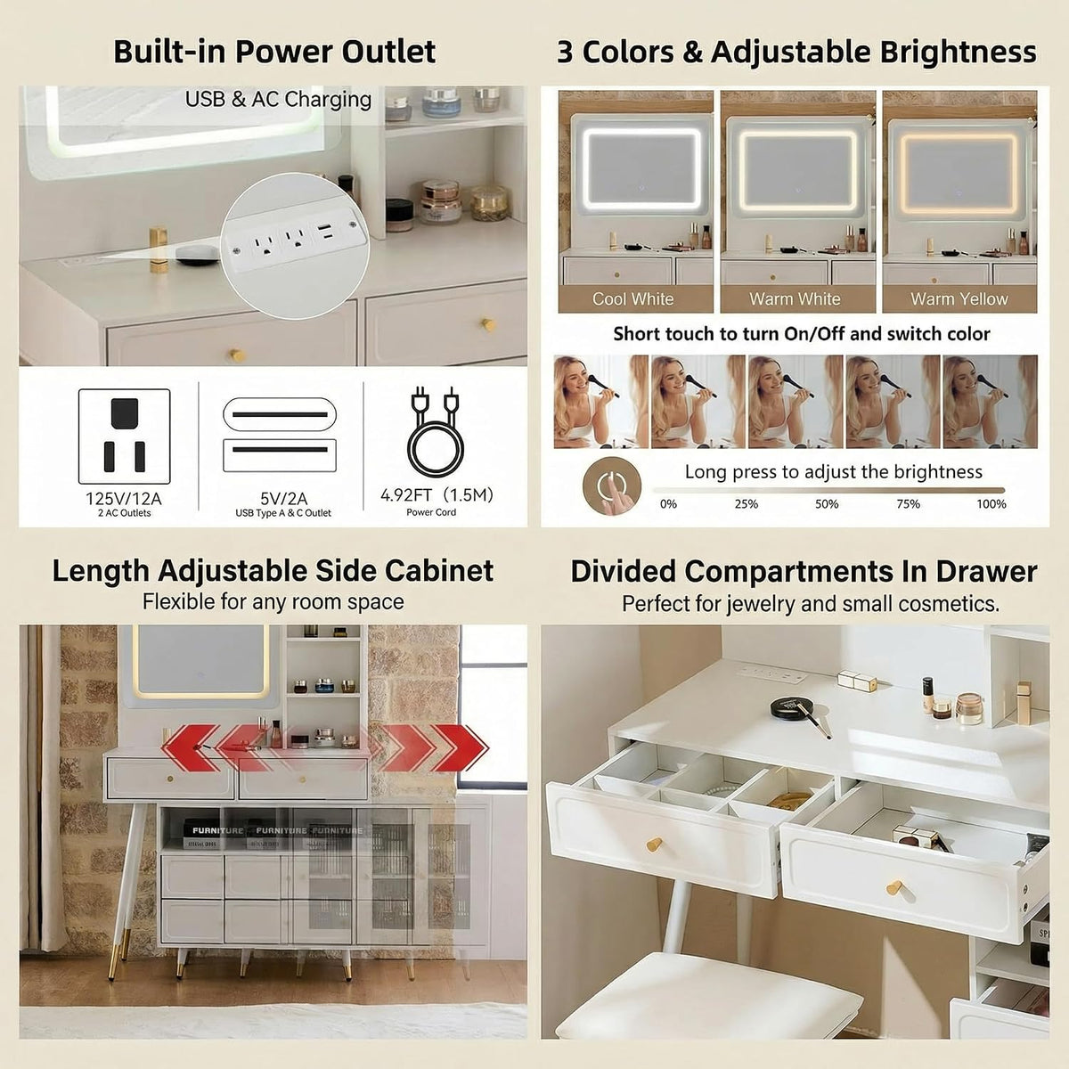 Collage of features: built-in power outlet, three light color samples, adjustable side cabinet and divided drawer