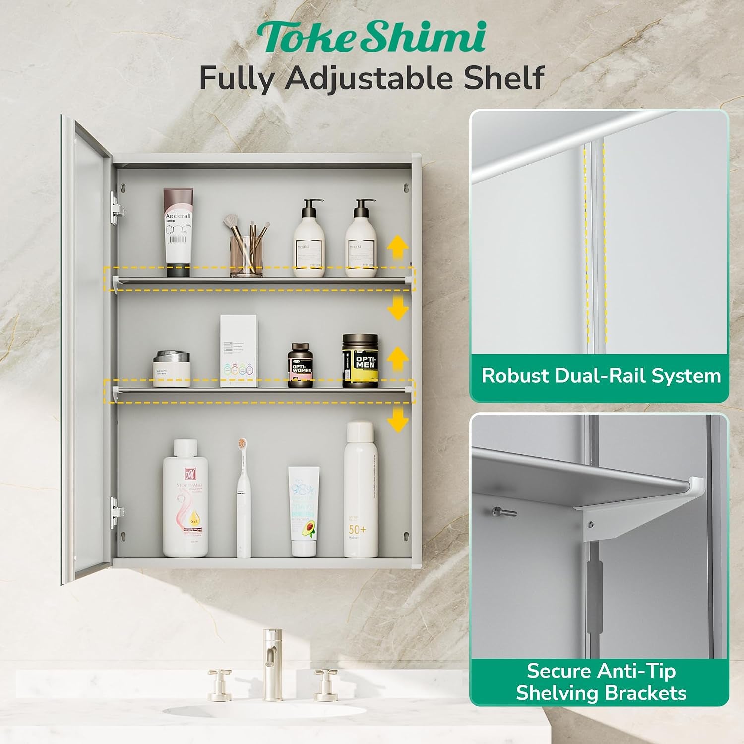 Interior view showing fully adjustable shelves on reinforced dual-rail tracks with shelving bracket detail