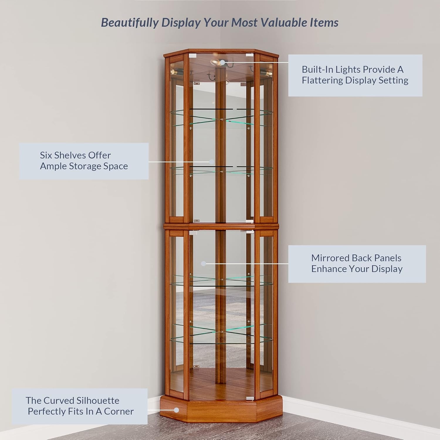 Tall oak corner cabinet with overlay callouts highlighting built-in lights, mirrored back, and six shelves