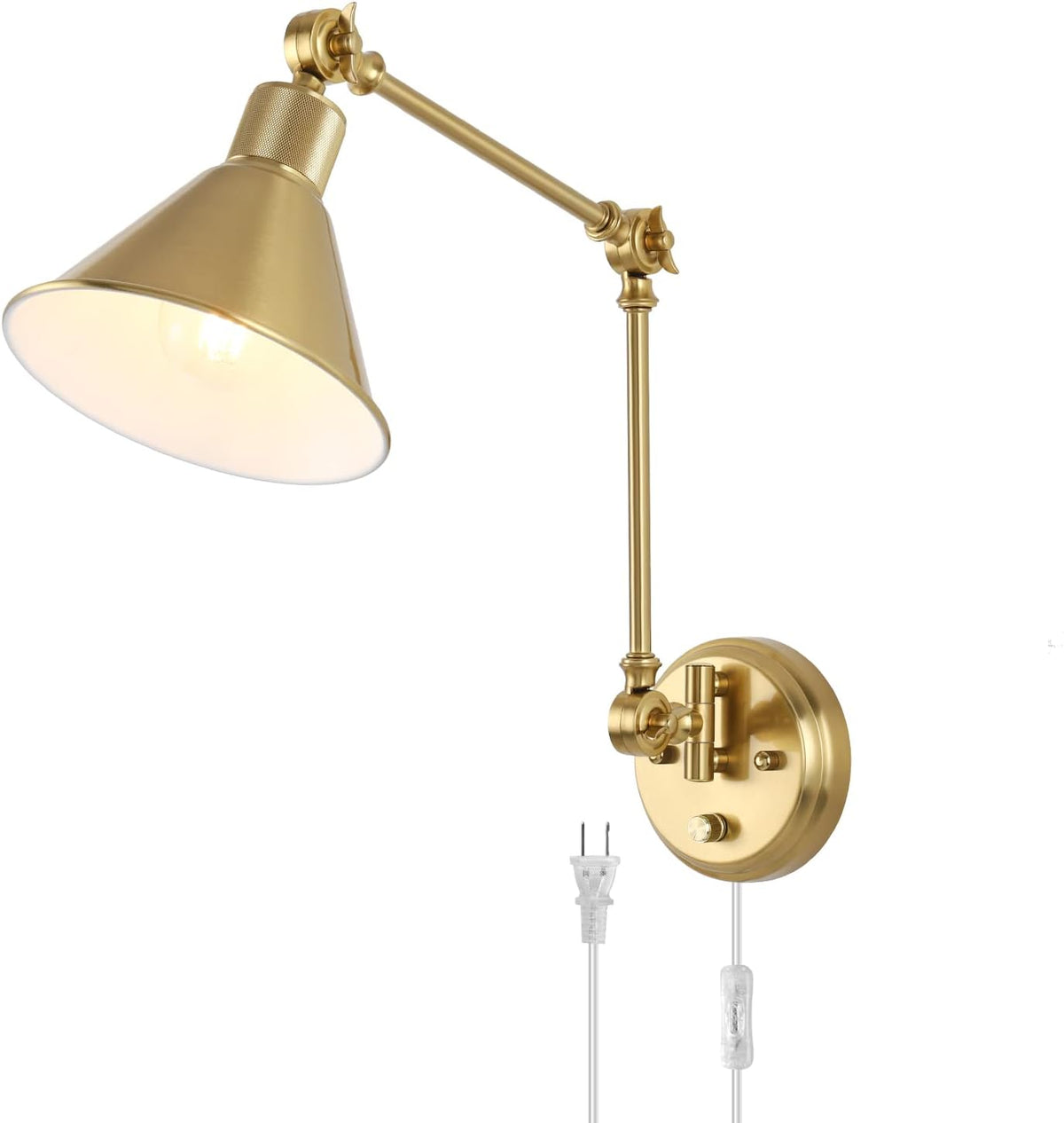Brushed gold swing‑arm wall sconce shown from the side with clear plug and inline switch