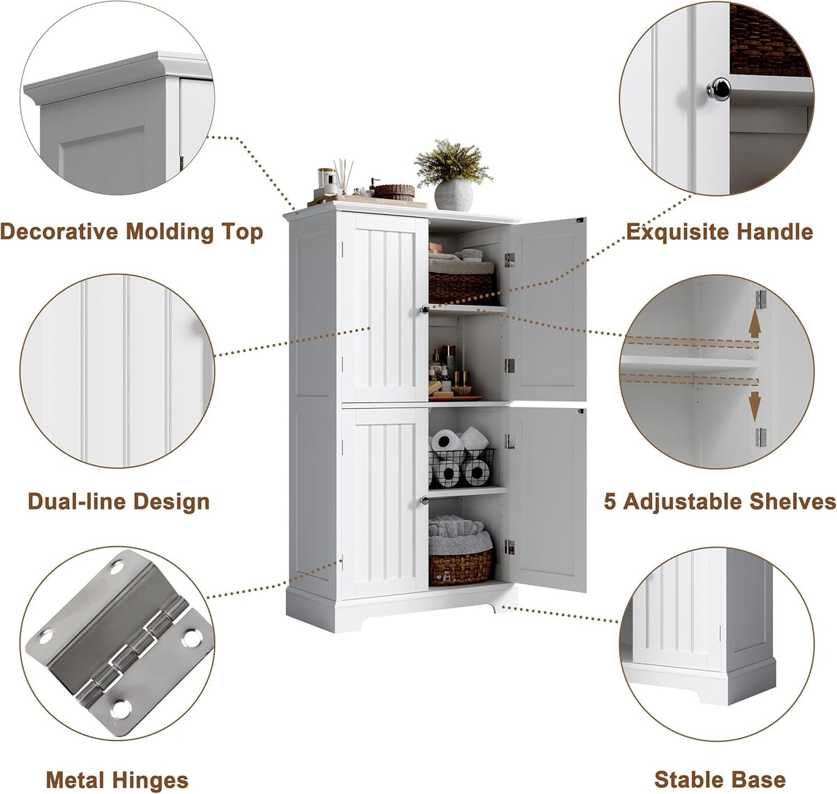Graphic closeups highlighting decorative molding, metal hinges, metal knobs and adjustable shelf positions