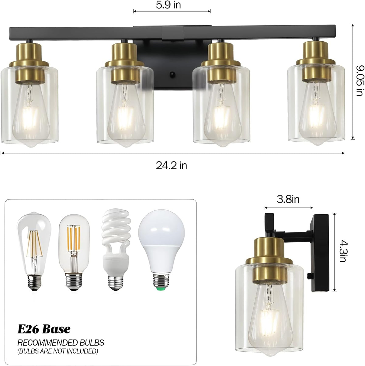 Front view of the four-light fixture with measurement lines indicating overall width and height beside the clear glass