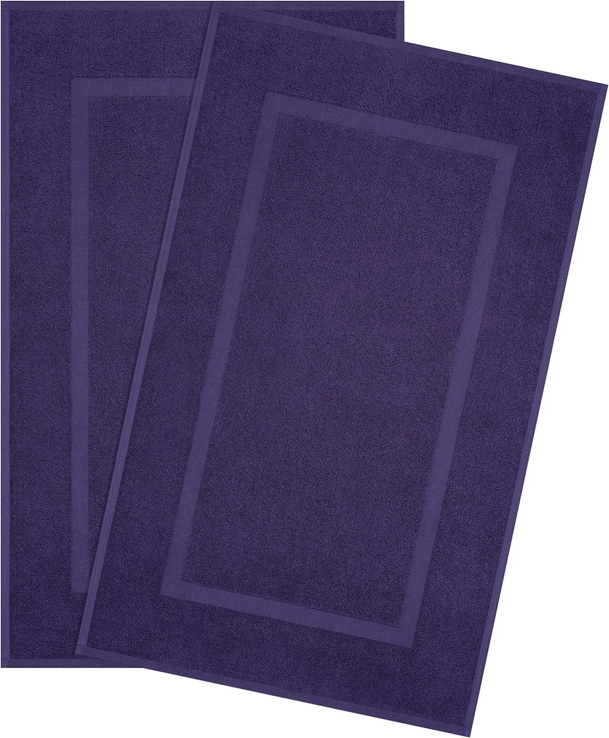 Two overlapping rectangular dark purple towels shown flat with a stitched border detail on white background.
