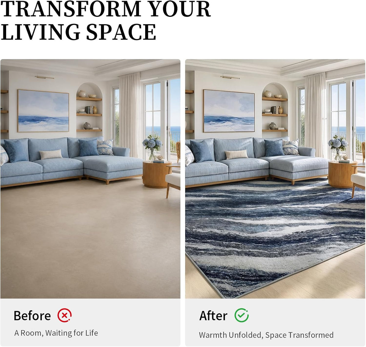 Split promotional image with an empty living room on the left and the same room with the blue abstract rug placed under the