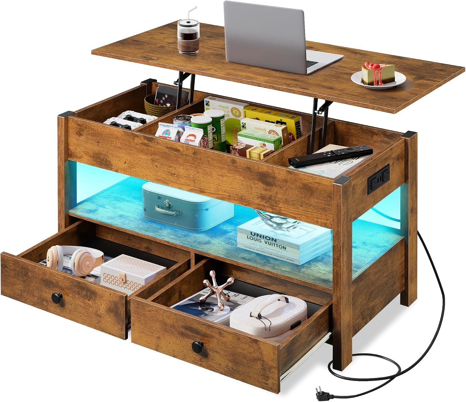 Warm wood-tone lift-top table with raised top, illuminated middle shelf, cord and two drawers open