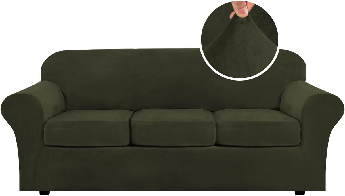 Front view of a deep olive-green three-cushion sofa with rounded arms and a circular close-up of the plush fabric.