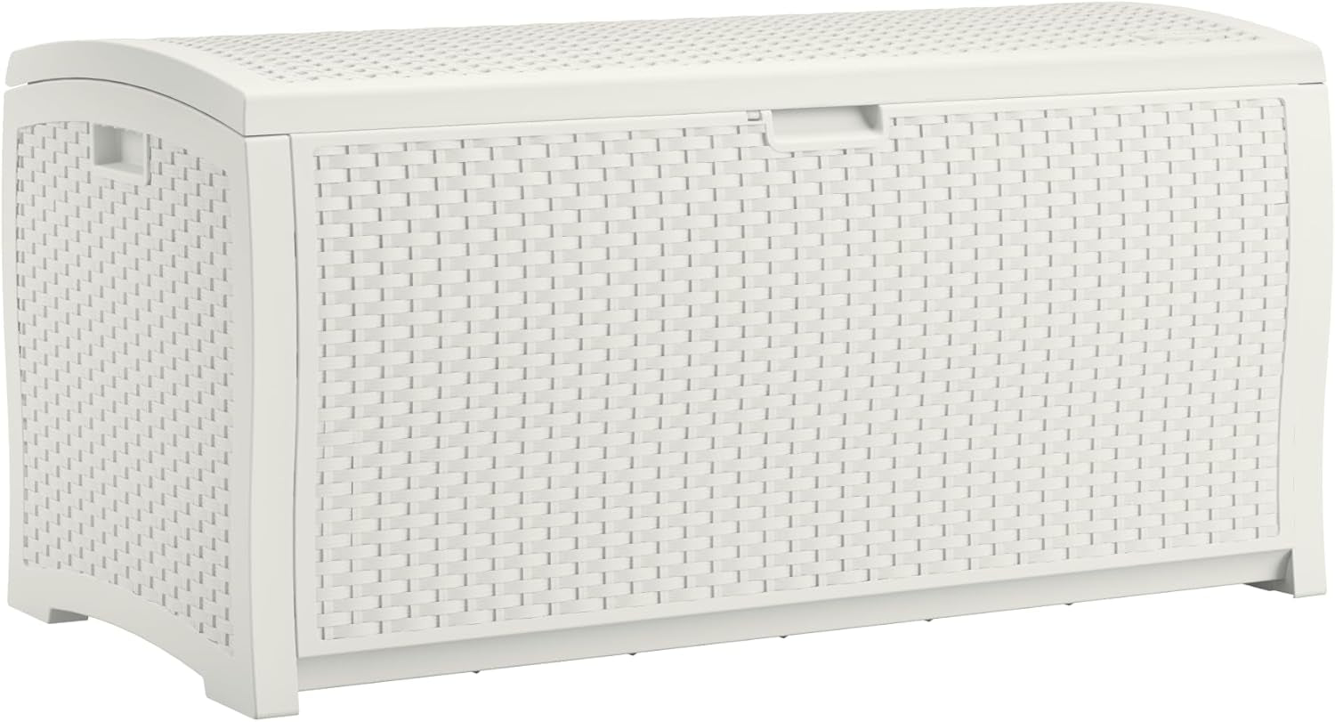 White wicker-style horizontal deck box angled front view showing hinged lid and side handle