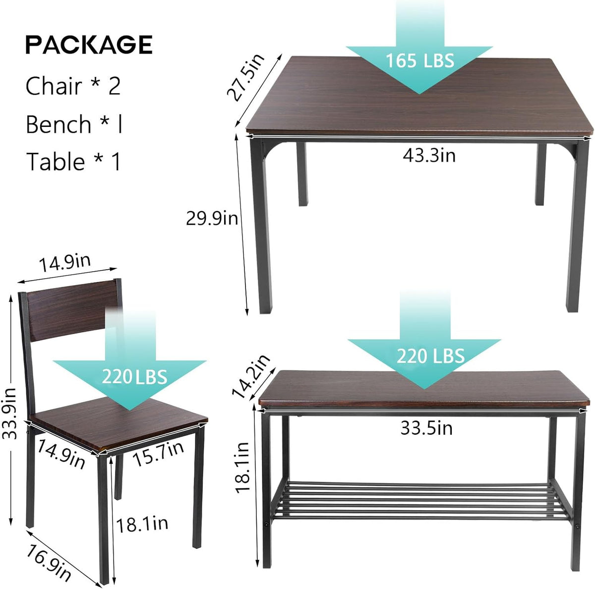 Annotated diagram showing table, chair and bench measurements and indicated load capacities