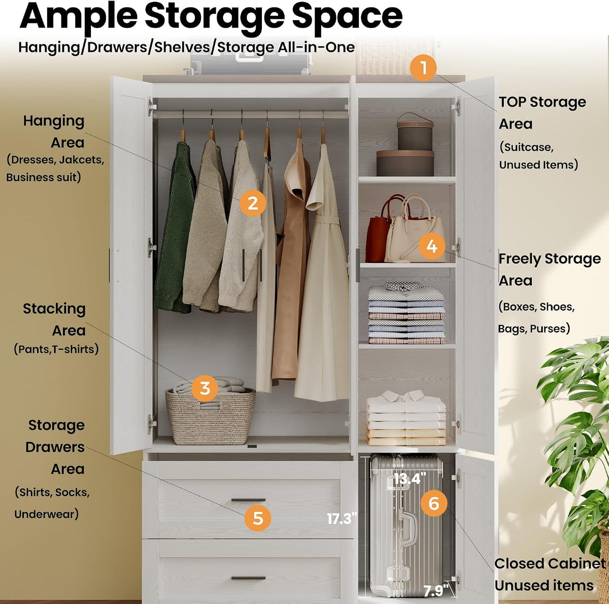 Open armoire showing hanging section and four-tier shelving with folded clothes and bags