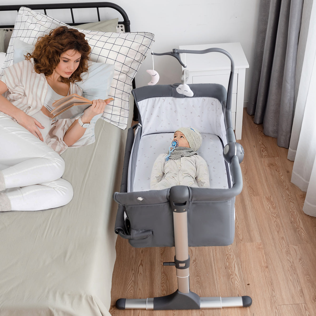 Height Adjustable Baby Side Crib with Music Box & Toys, Dark Gray