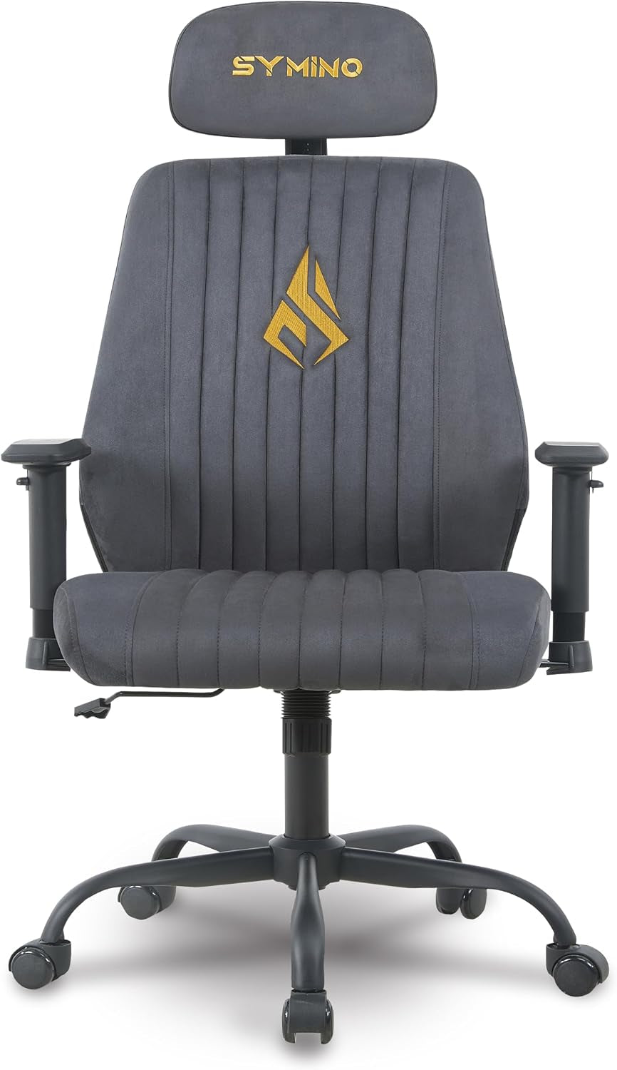 Front view of gray high-back gaming chair with vertical stitched upholstery, headrest and five-star caster base.