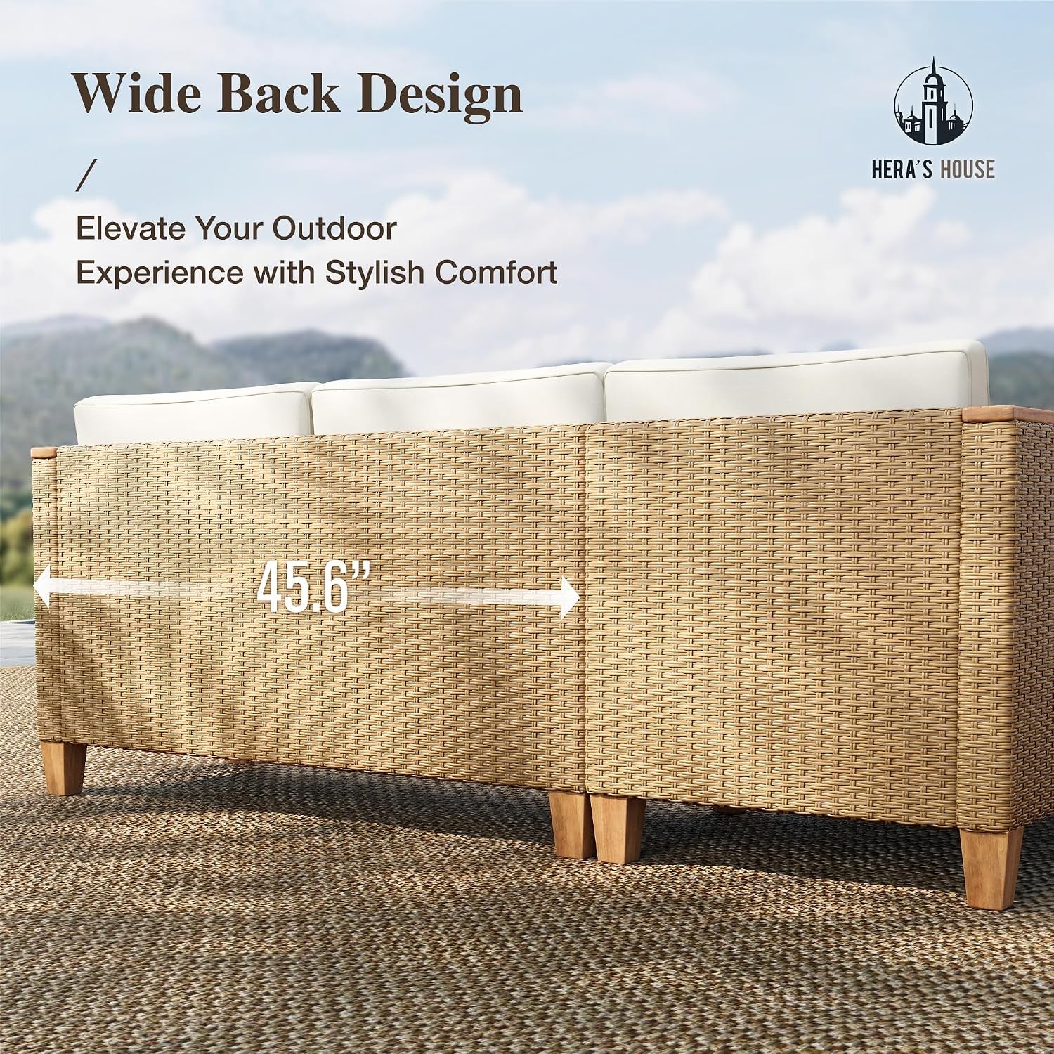 Rear view of paired modular sectional units in tan wicker showing wide back design and connected layout
