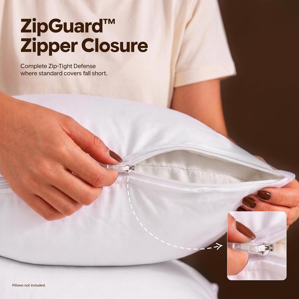Close-up of hands opening a white pillow protector zipper showing the zip closure and inner lining
