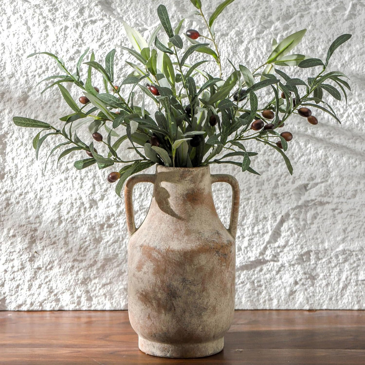 Rustic two-handled earthenware vase holding olive-branch stems against a textured white wall.