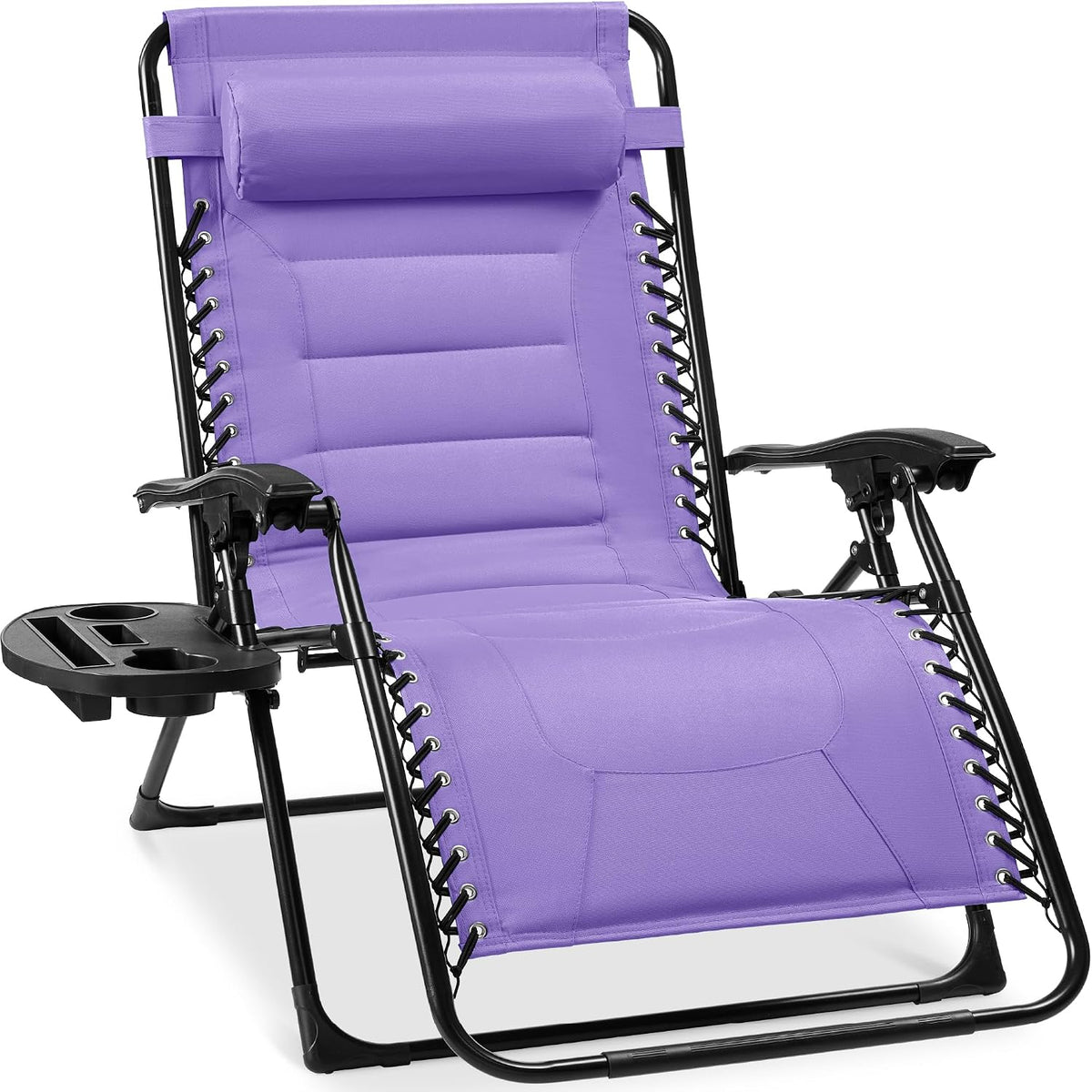 Three-quarter view of a lavender padded zero-gravity recliner with cushioned headrest and laced sides.