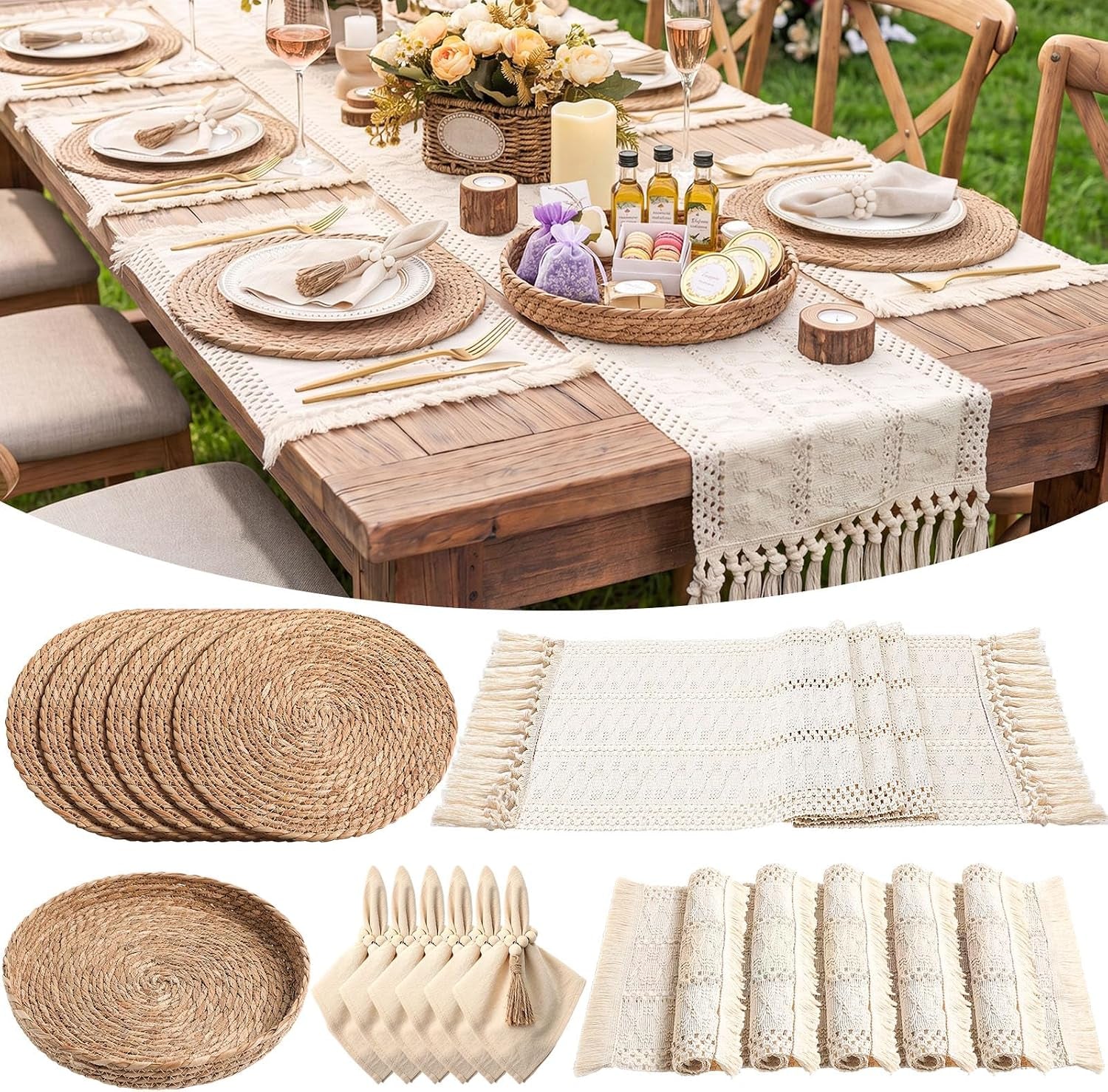 Composite image: outdoor styled wooden dining table set with a boho lace runner, round woven placemats, napkins and