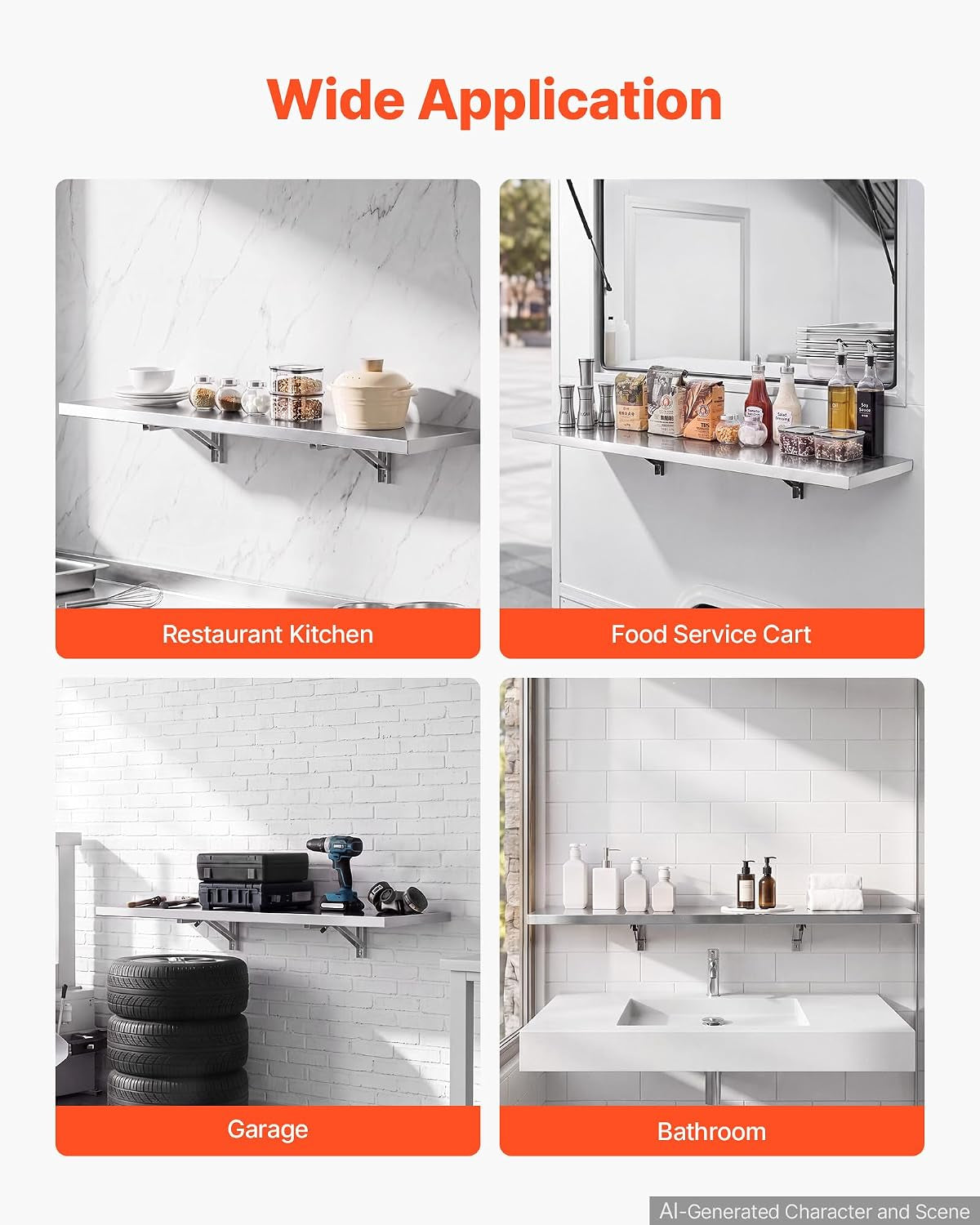 Four-panel collage showing a stainless shelf mounted in a kitchen, on a service cart, in a garage, and above a bathroom sink.