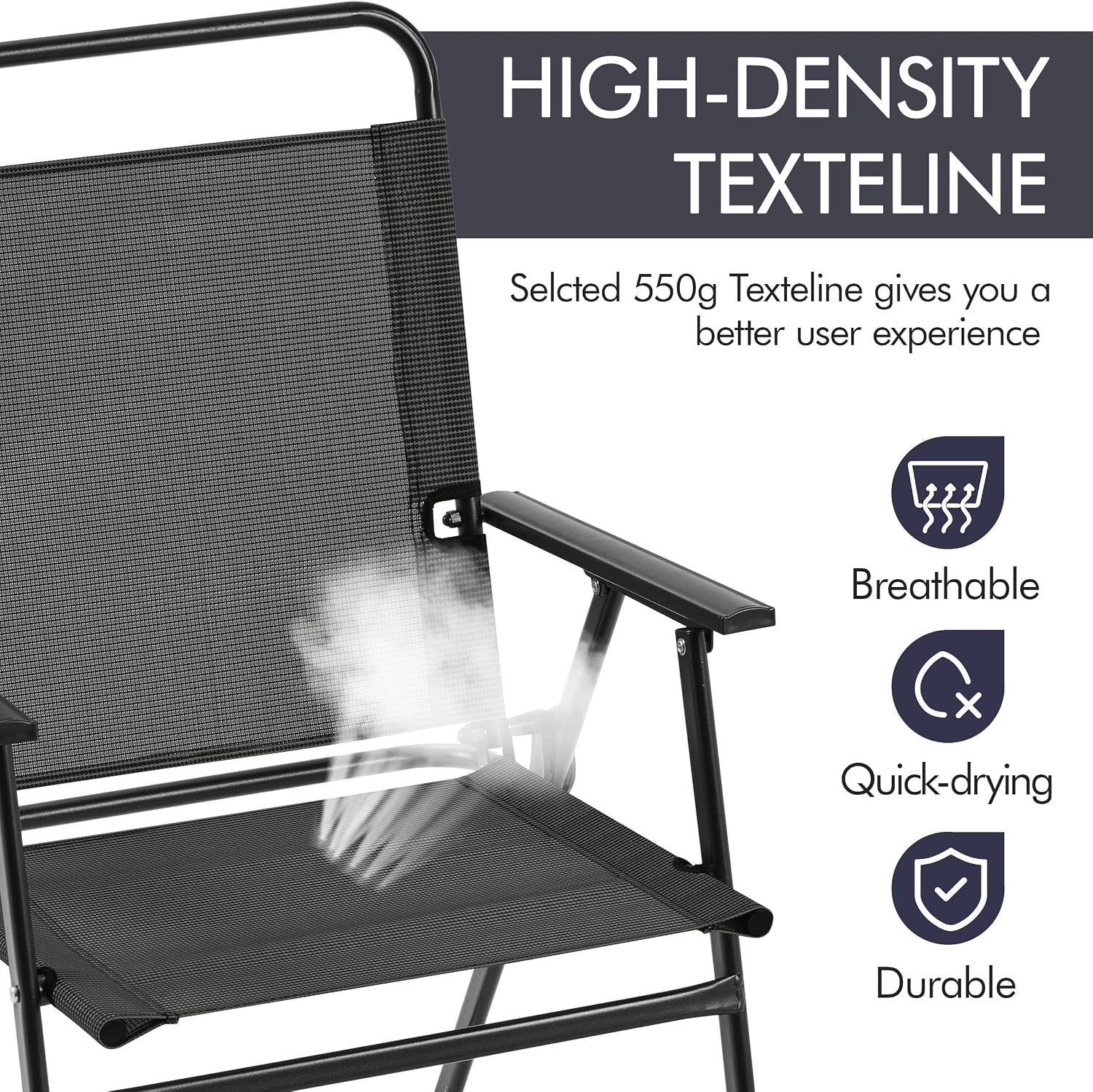 Close-up of black high-density mesh seat and armrest showing woven texture and breathable fabric.