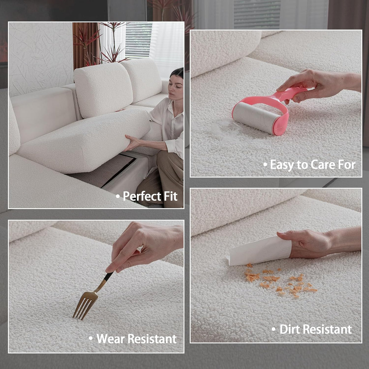 Collage of close-ups showing textured cover surface, lint roller cleaning, fork wear test, and hand scooping crumbs from the>