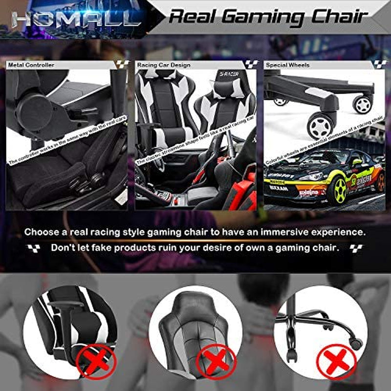 Collage of close-ups showing the chair's metal controller, racing-style seat, special wheels, and a comparison row of three