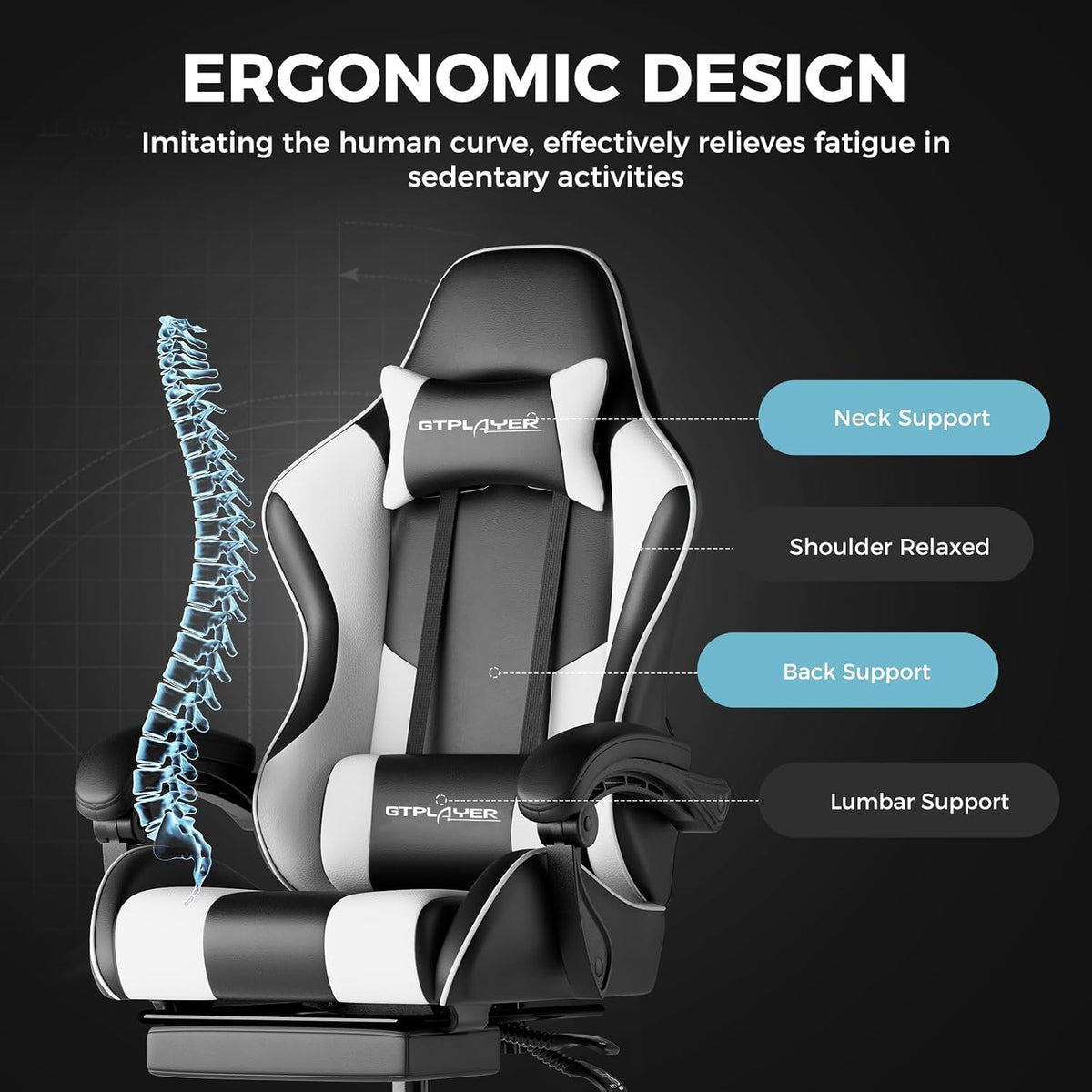 Ergonomic design graphic of the chair with a spine overlay and labeled neck, shoulder, back and lumbar support.