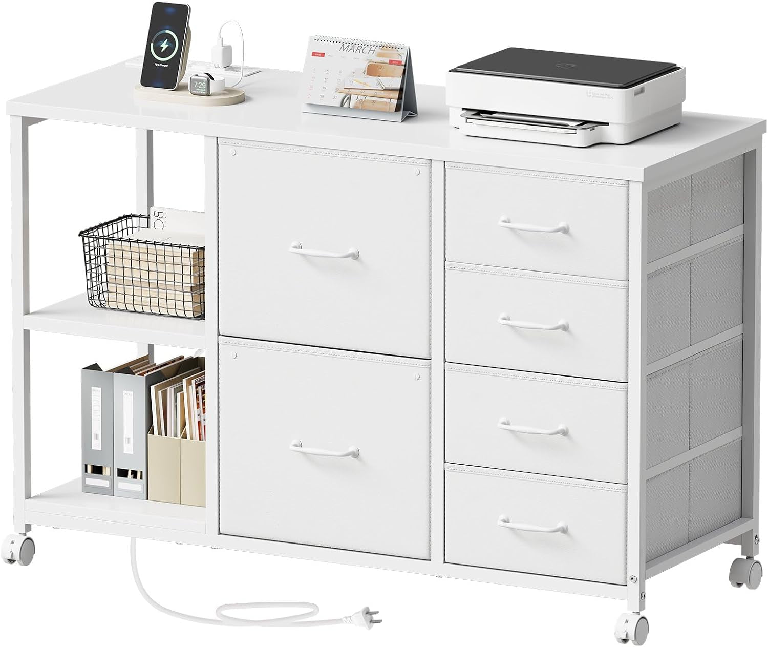 White rolling file cabinet with two large lateral drawers, four smaller drawers, open shelves and caster wheels.
