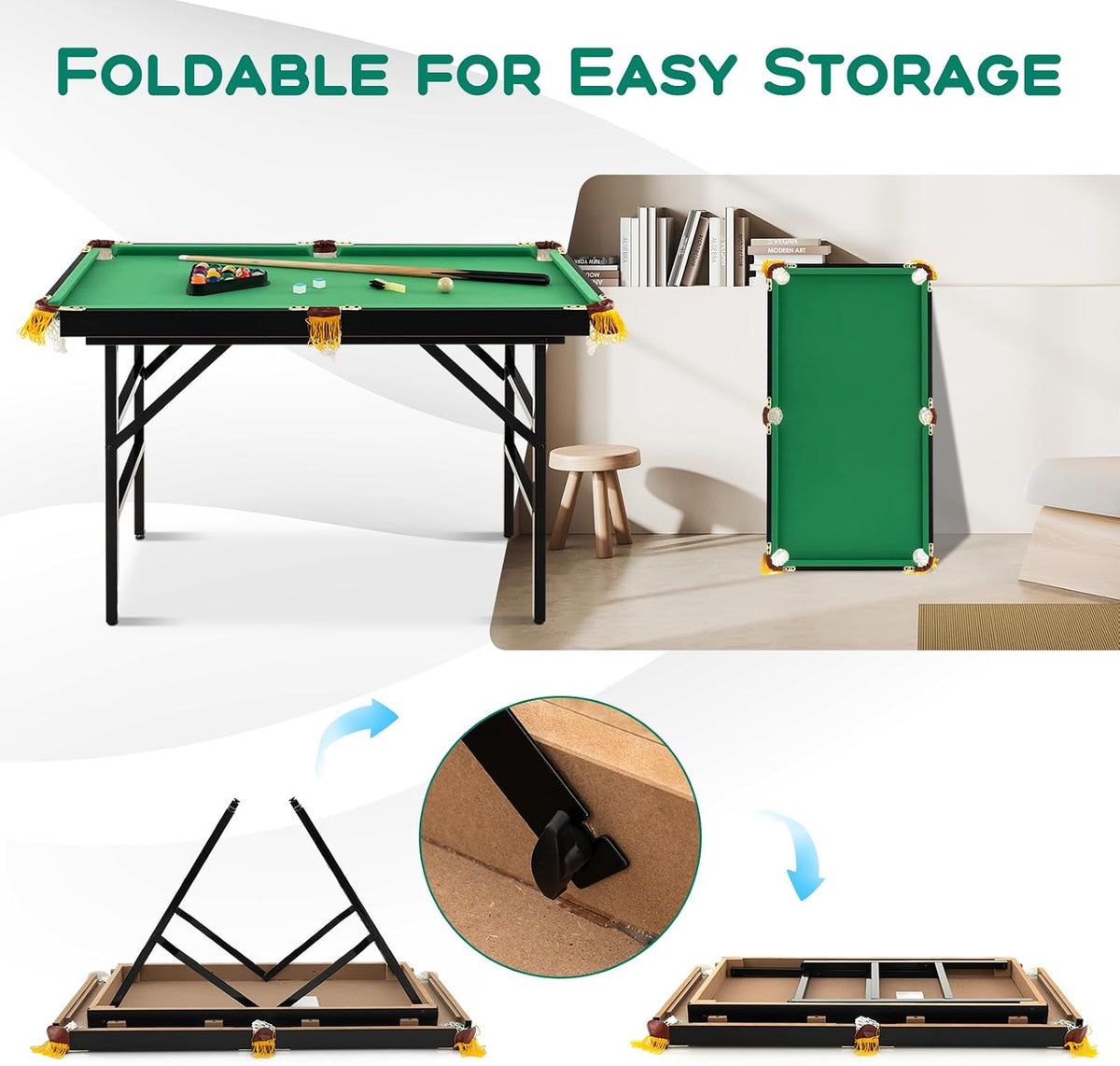 Green tabletop pool table set up with cues and balls, and a folded table standing upright nearby.