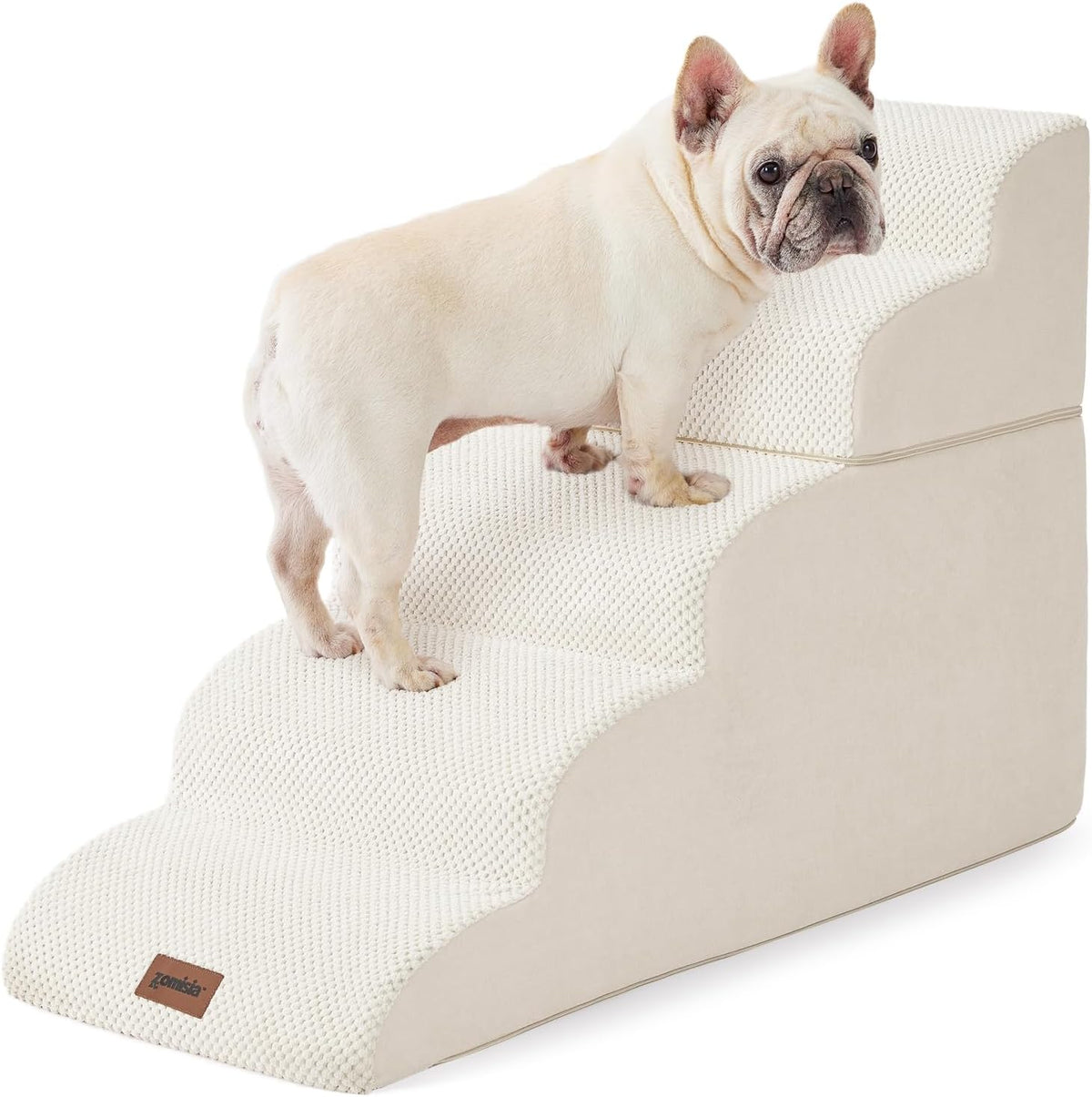 Side view of assembled ivory three-step pet stairs with textured top and a small dog on the middle step