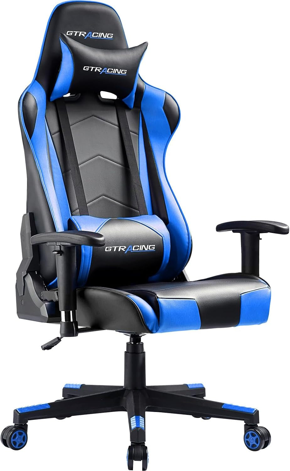 Blue and black racing-style gaming chair shown at a three-quarter angle with head and lumbar pillows.