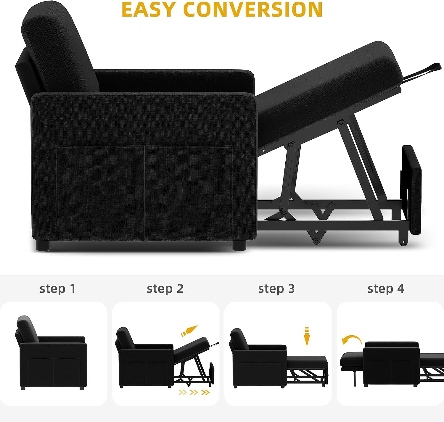 Side profile of the chair mid-conversion showing metal frame and folded support leg