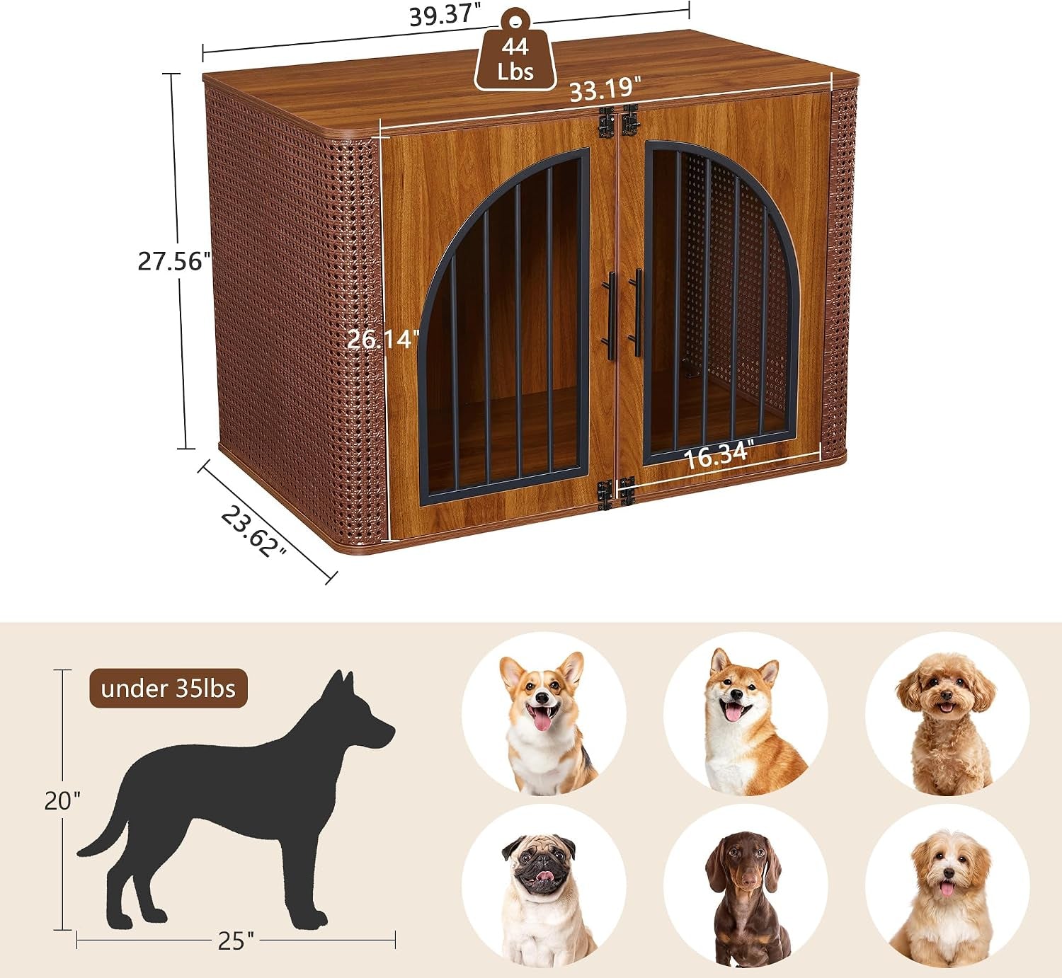 Furniture-style dog crate diagram showing exterior dimensions and suggested small-breed silhouettes