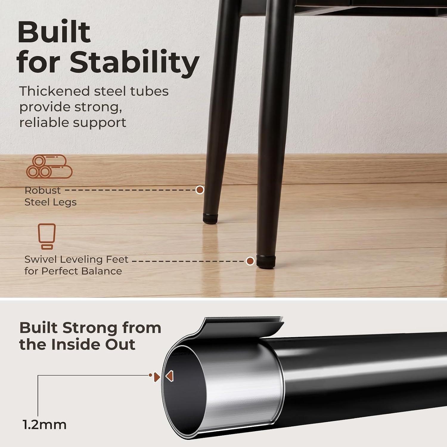 Close-up of black chair legs with leveling feet and a cutaway showing the 1.2 mm steel tube.