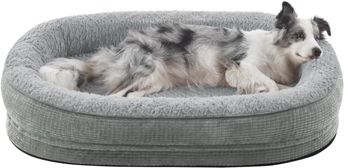 Light-gray oval bolster dog bed with a long-haired dog lying inside, side-forward view.