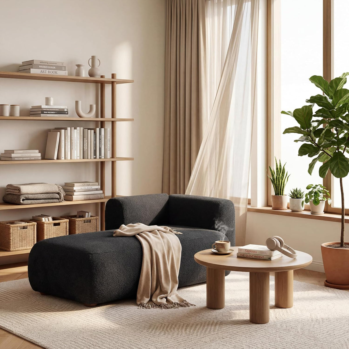 Charcoal boucle chaise positioned by a sunlit window with woven baskets on low shelves and a round wooden coffee table.