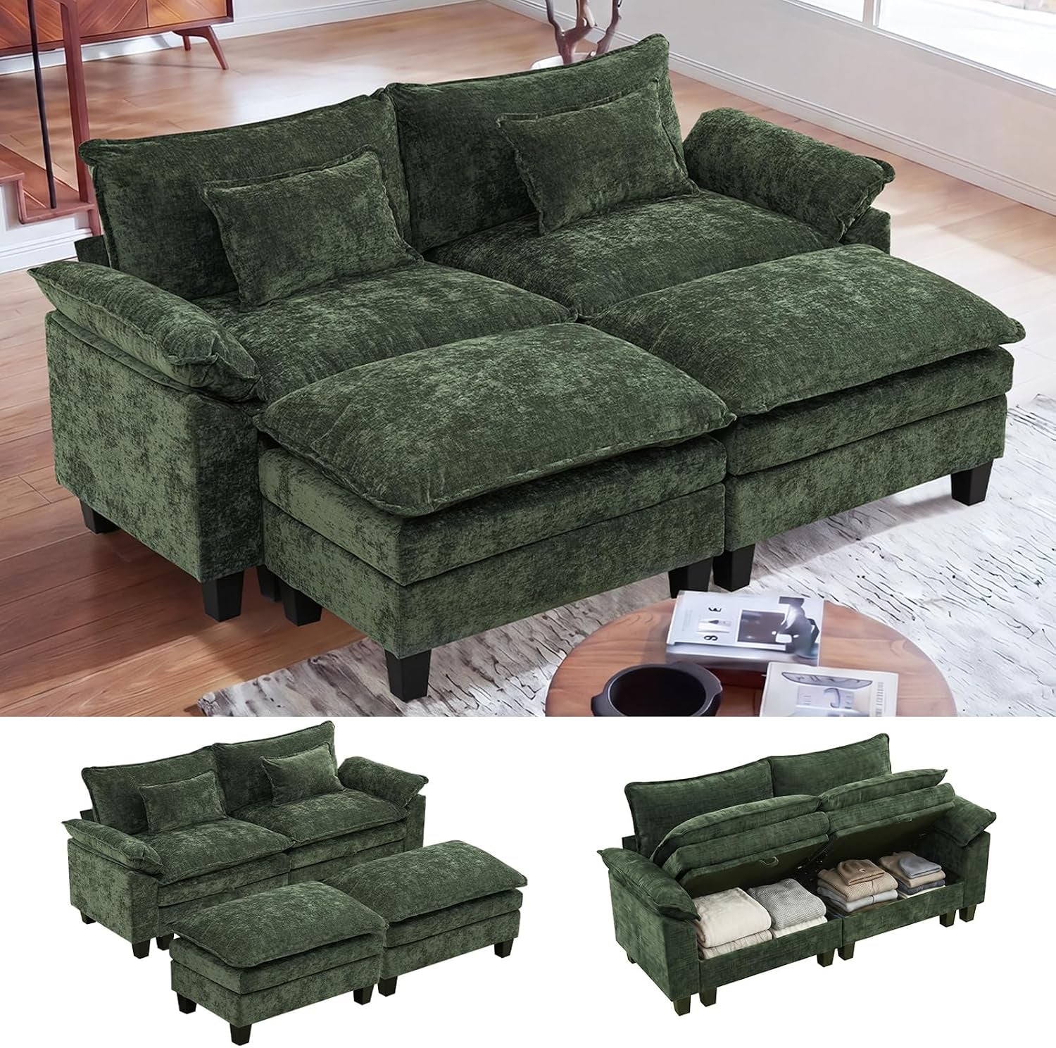 Green modular sectional arranged with two ottomans and open rear storage compartments