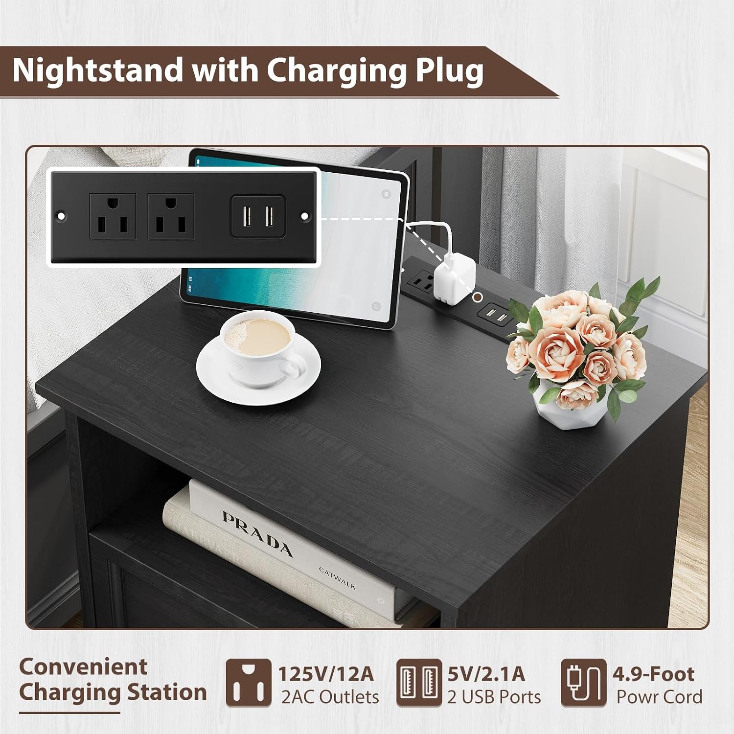 Top view of nightstand showing built-in charging plug module on the surface