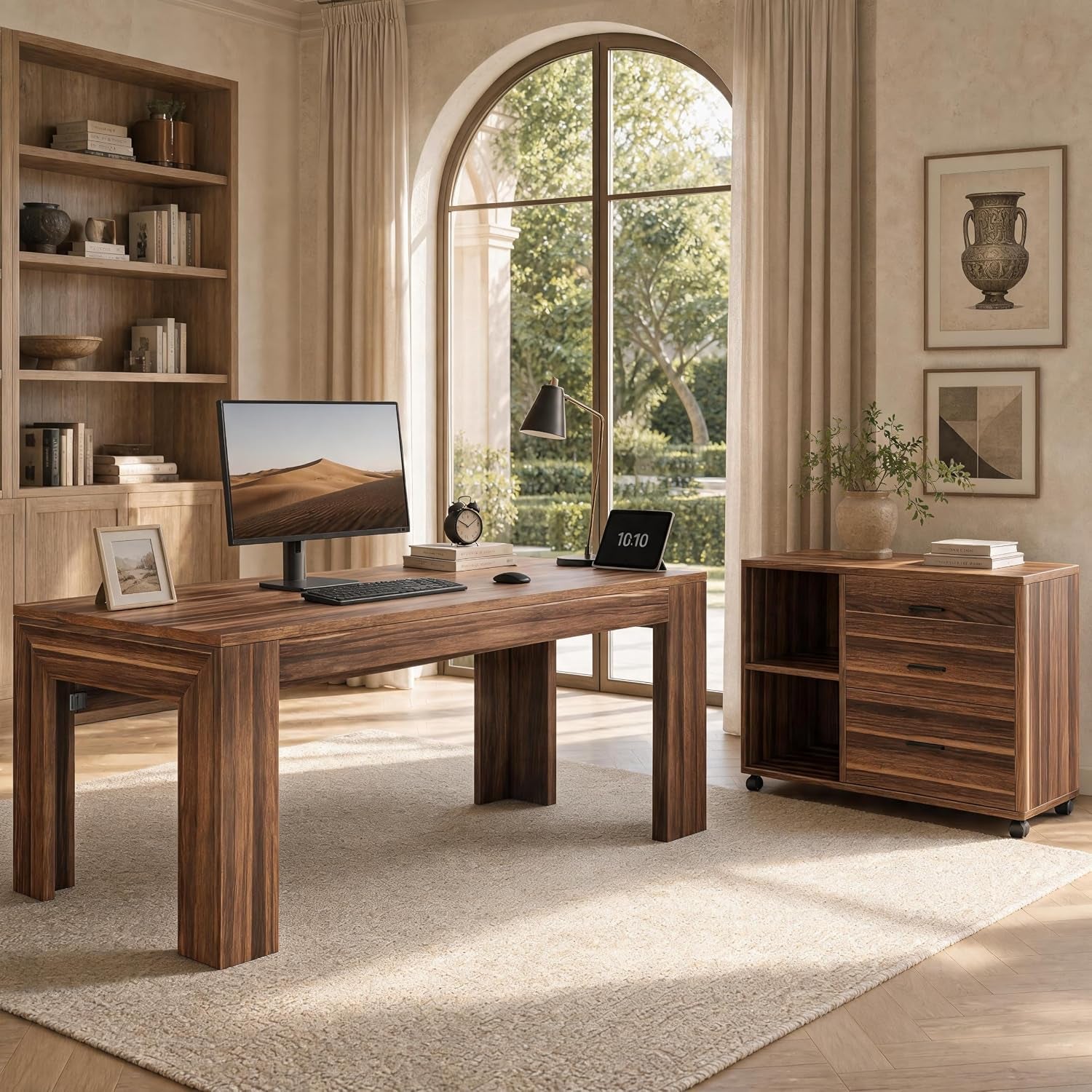 Dark brown wood desk with a monitor and matching rolling file cabinet placed near an arched window and bookcase.