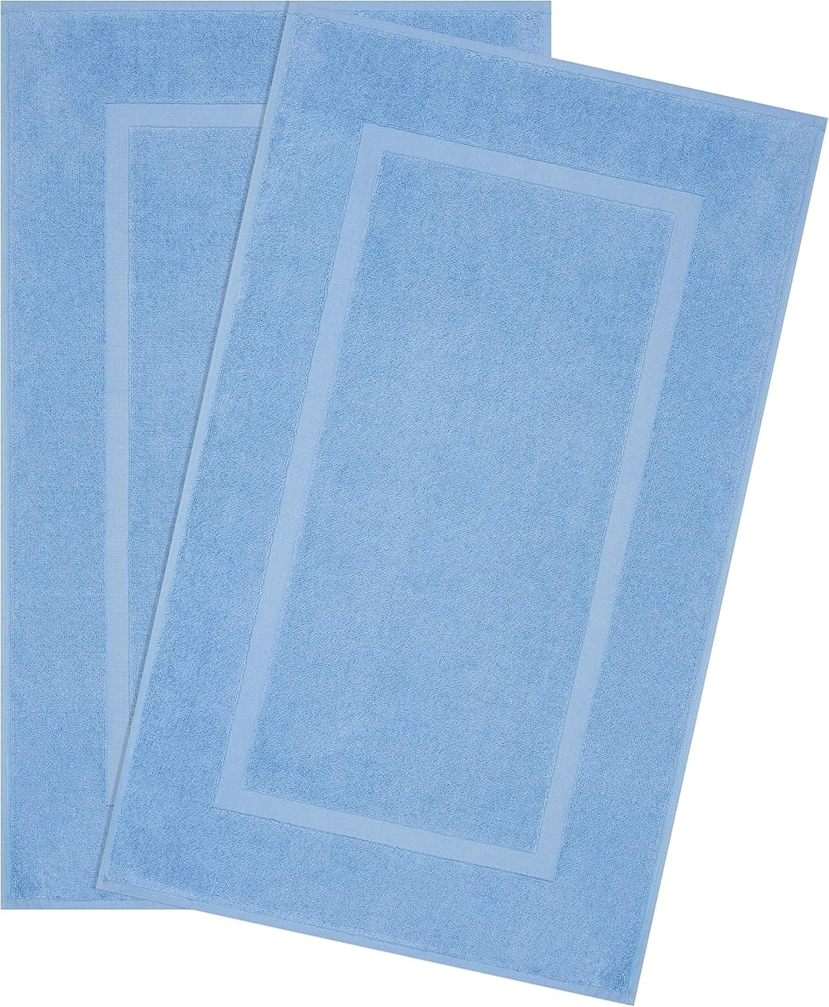 Two light blue rectangular bath mats overlapped and shown flat with a simple bordered design
